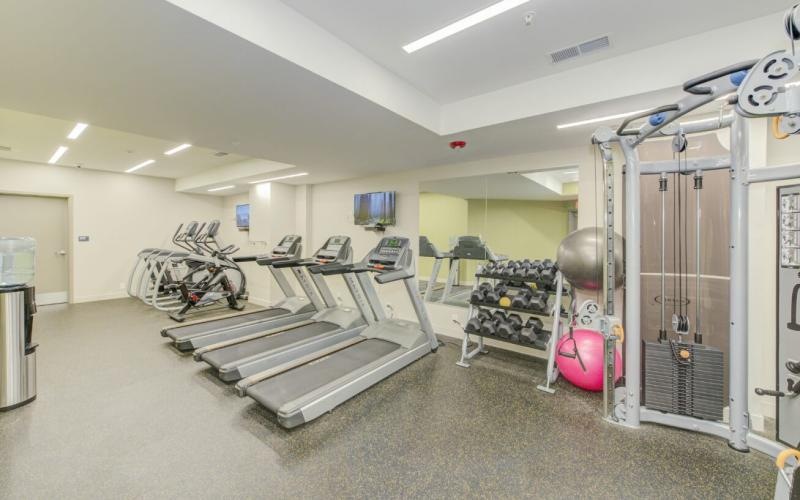 a room with cardio and weight equipment